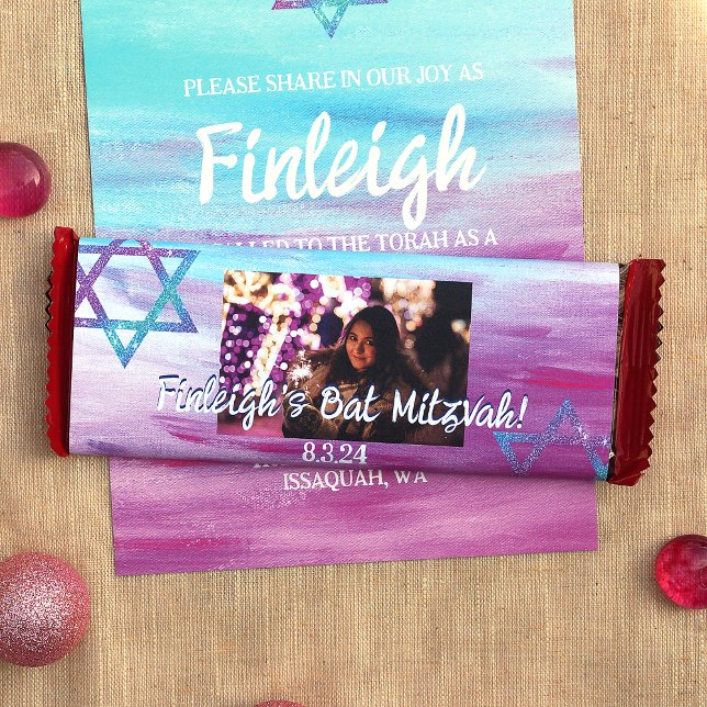 Pink Turquoise Bat Mitzvah Candy Bar Wrapper (Hot pink, violet, turquoise, cyan bat mitzvah personalized chocolate bar wrapper DIY cheap low cost)