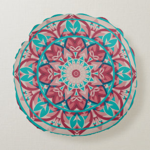 Pink & Turquoise Boho Mandala Round Cushion