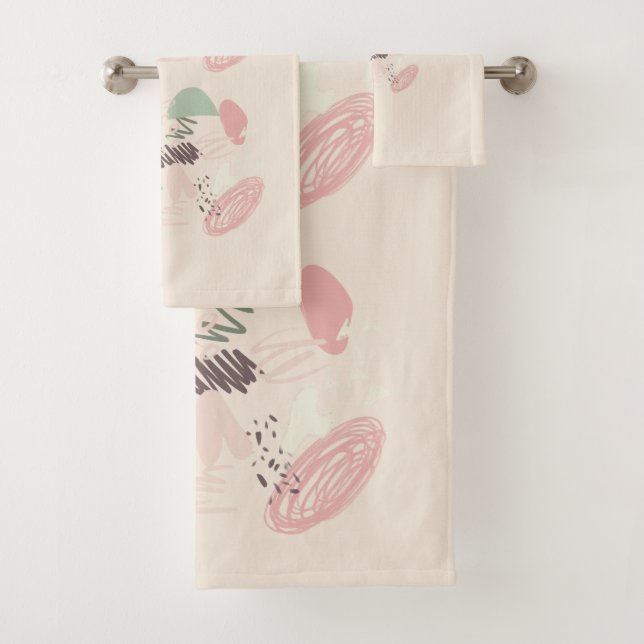 Pink Turquoise Brown Sketchy Abstract Bath Towel Set (Insitu)