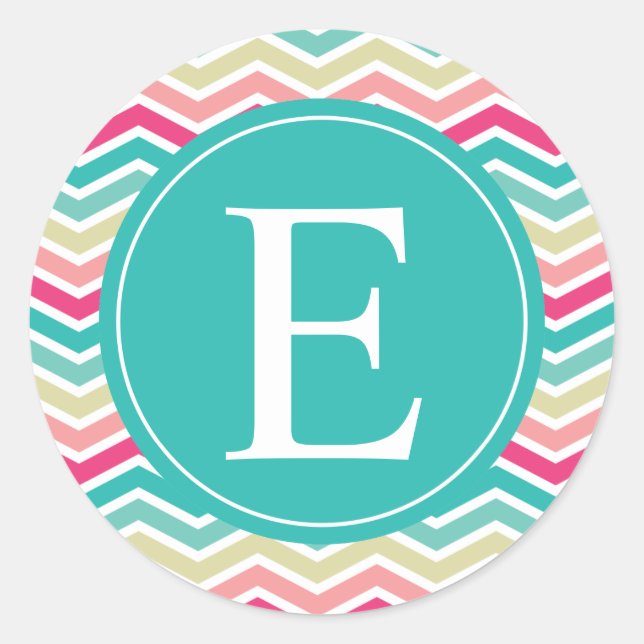 Pink Turquoise Chevron Monogram Classic Round Sticker (Front)