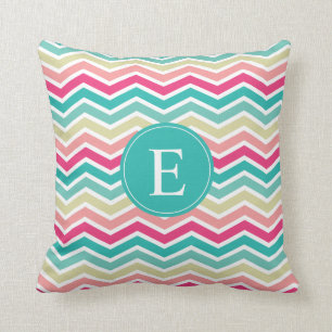 Pink Turquoise Chevron Monogram Cushion