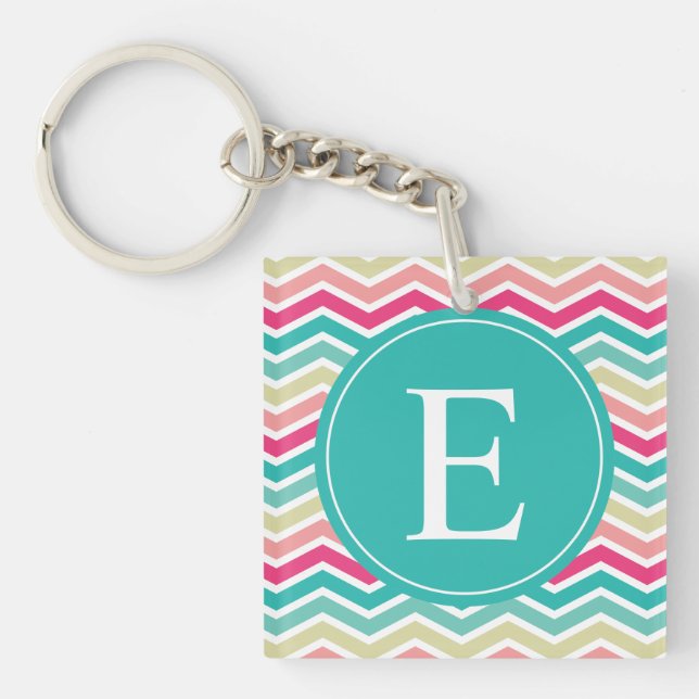 Pink Turquoise Chevron Monogram Key Ring (Front)