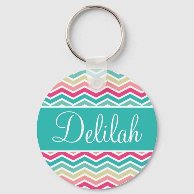 Pink Turquoise Chevron Name Key Ring (Front)