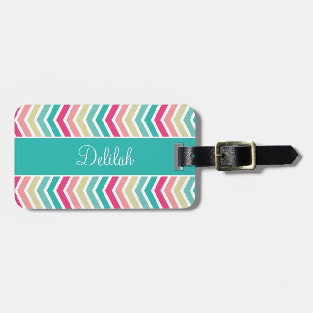 Pink Turquoise Chevron Name Luggage Tag (Front Horizontal)