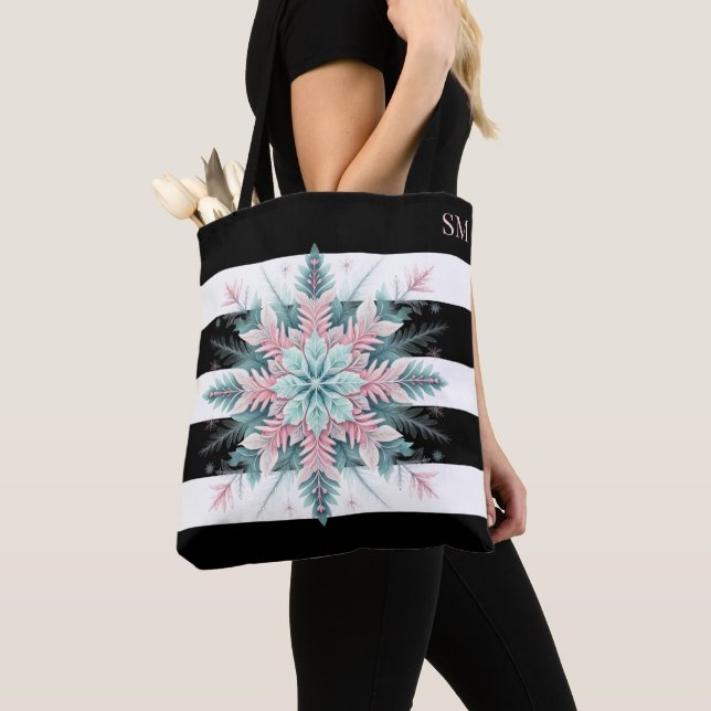 Pink Turquoise Christmas Themed Snowflake Tote Bag (Close Up)