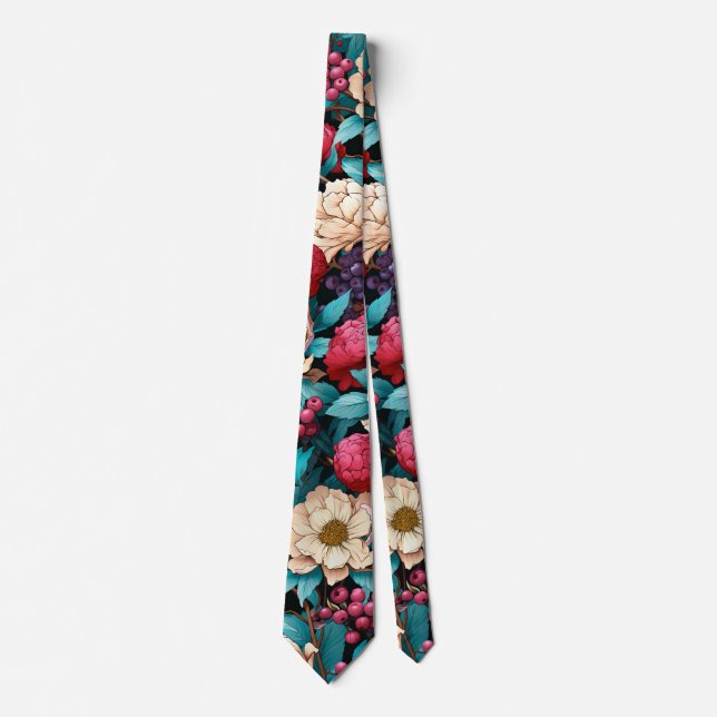 Pink Turquoise Cream Flowers and Berries Neck Tie (Front)