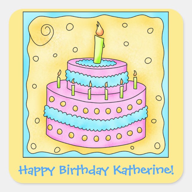 Pink Turquoise Custom Name Happy Birthday Cake Square Sticker (Front)