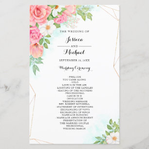 Pink Turquoise Floral Bouquet Wedding Program