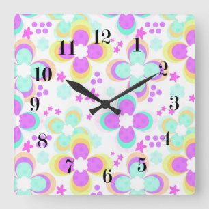 Pink, turquoise, floral square wall clock