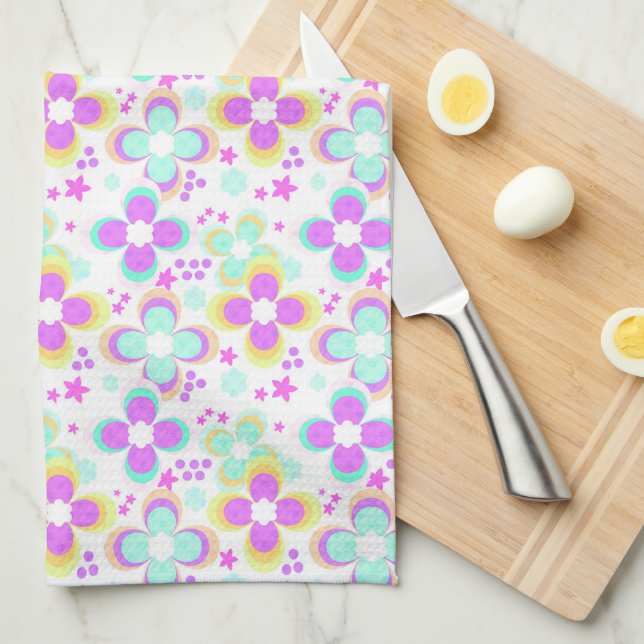 Pink, turquoise, floral tea towel (Quarter Fold)