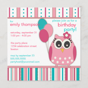 Pink Turquoise Girly Owl Birthday Party Invitation