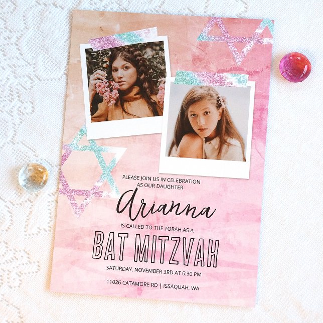 Pink Turquoise Glitter Bat Mitzvah Photo Invitation (Pink Glitter Photo Scrap Book Style Bat Mitzvah Invitation, Cute Photo Collage Invites)
