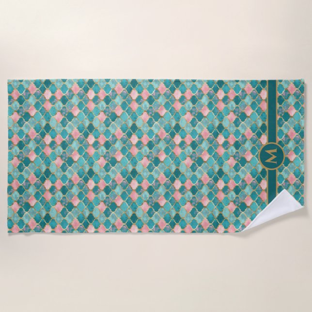 Pink Turquoise Gold Pattern Elegant Personalised Beach Towel (Front)