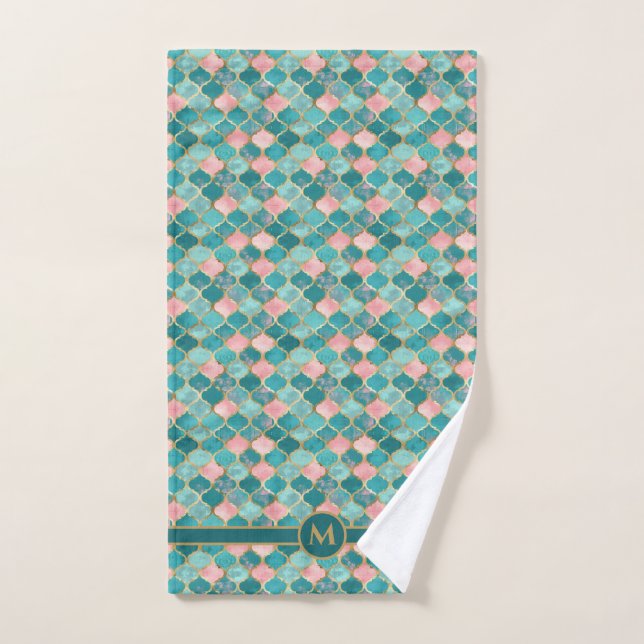 Pink Turquoise Gold Pattern Elegant Personalised Hand Towel (Hand Towel)