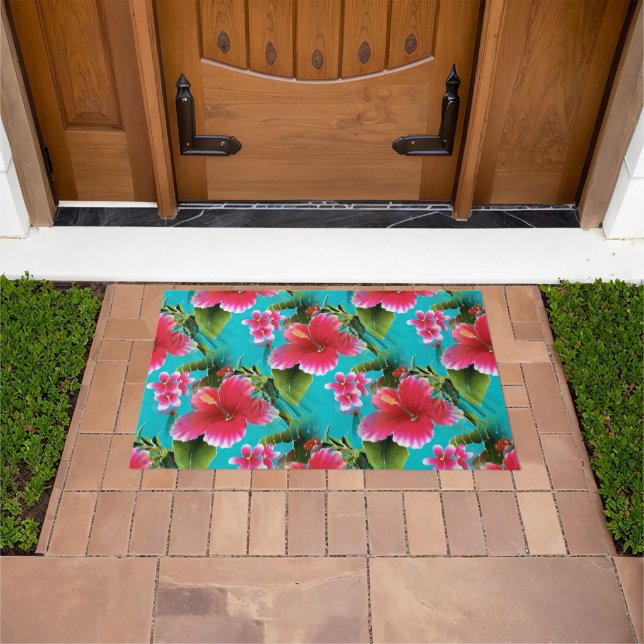Pink Turquoise Hawaiian Hibiscus Flowers Pattern Doormat (Outdoor)