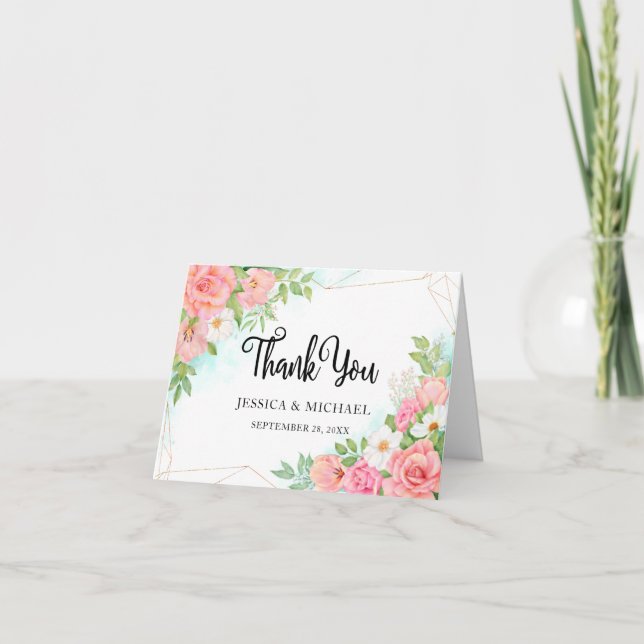 Pink Turquoise Ombre Floral Bouquet Rose Wedding Thank You Card (Front)