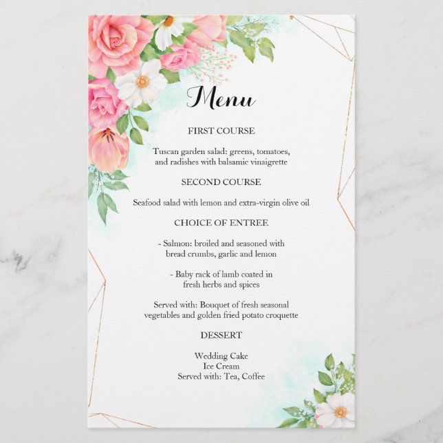 Pink Turquoise Ombre Floral Bouquet Wedding Menu (Front)