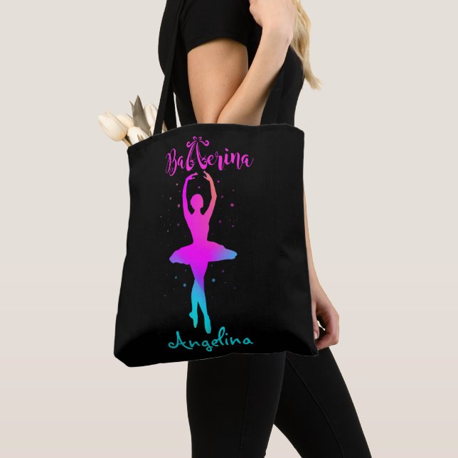 Pink Turquoise Personalised Ballerina T-Shirt Tote Bag (Close Up)