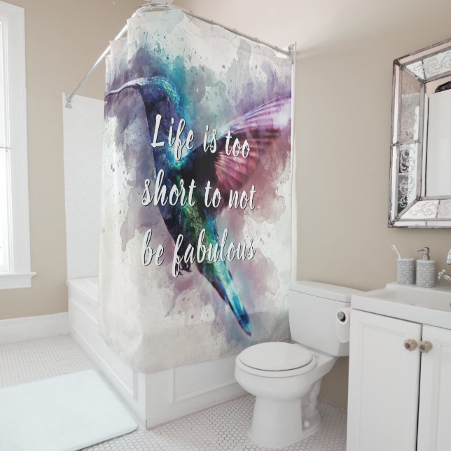 Pink, Turquoise & Purple Watercolor Hummingbird Shower Curtain (In Situ)