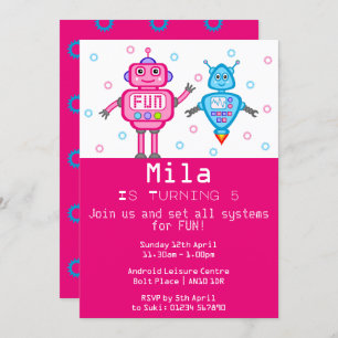 Pink & Turquoise Robots Birthday Party Invitation