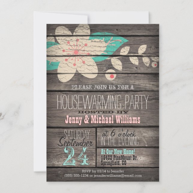 Pink & Turquoise Rustic Wood Housewarming Party Invitation (Front)