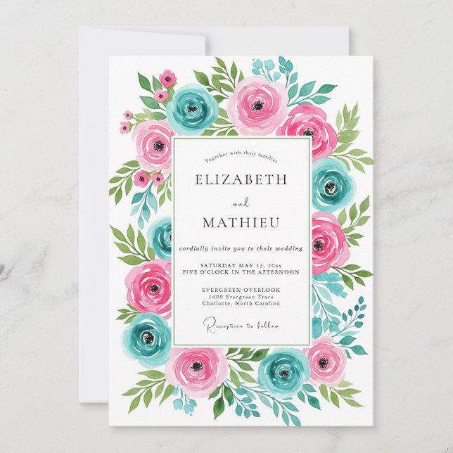 Pink Turquoise Vivid Spring Wedding Invitation (Front)