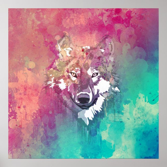 Pink Turquoise Watercolor Artistic Abstract Wolf Poster (Front)