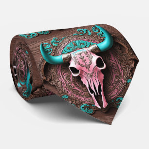 Pink Turquoise Western Country Cowboy Bull SKull Tie