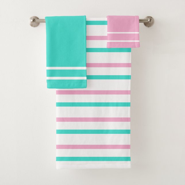  Pink Turquoise White Geometric Stripes  Bath Towel Set (Insitu)