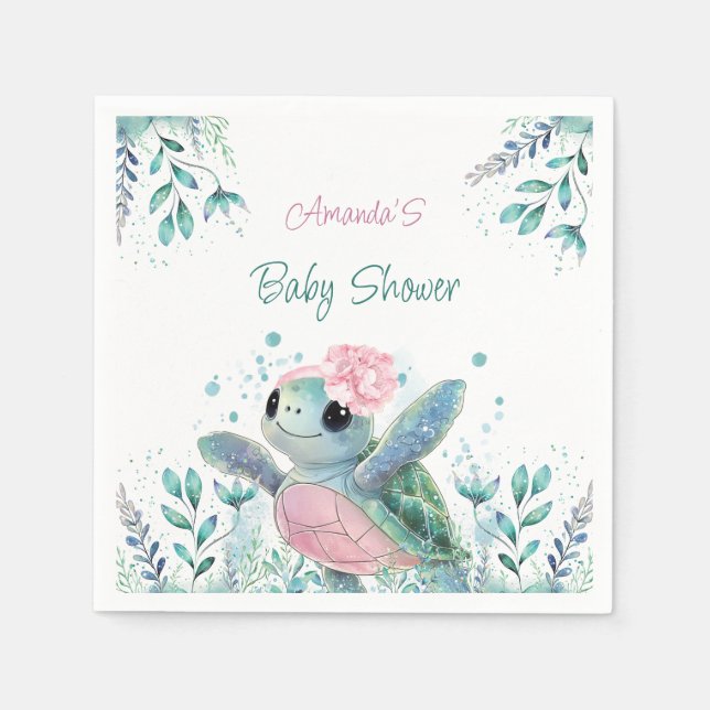 Pink Turtle Cute Girl Baby Shower  Napkin (Front)