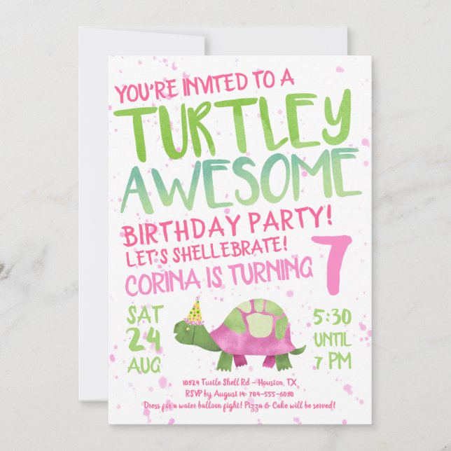 Pink Turtle Tortoise Birthday Party Invitation (Front)
