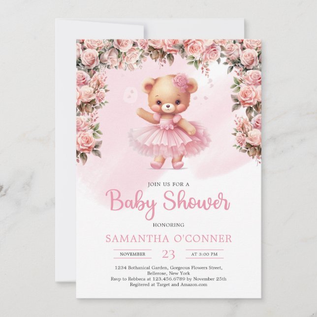 Pink tutu ballerina girl teddy bear blush roses invitation (Front)