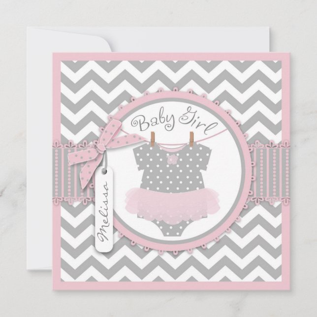 Pink Tutu & Chevron Print Birth Announcement (Front)