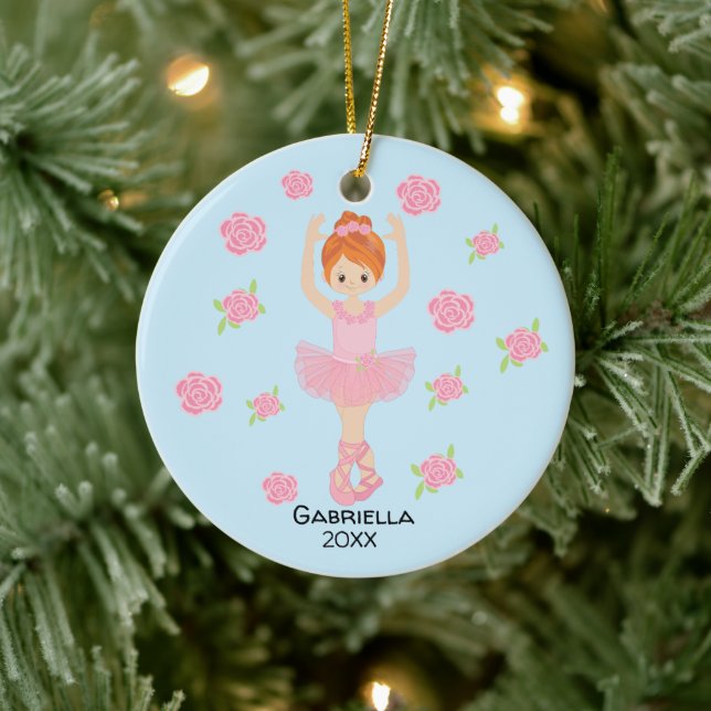 Pink Tutu Red Haired Ballerina Christmas Ceramic Tree Decoration (Tree)