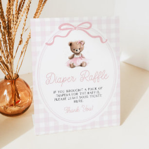 Pink Tutu Teddy Bear Baby Shower Diaper Raffle Pedestal Sign