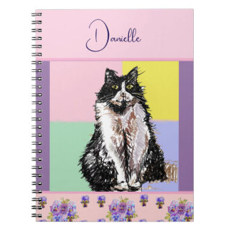 Pink Tuxedo Cat Cats Watercolor Customizable Girls Notebook