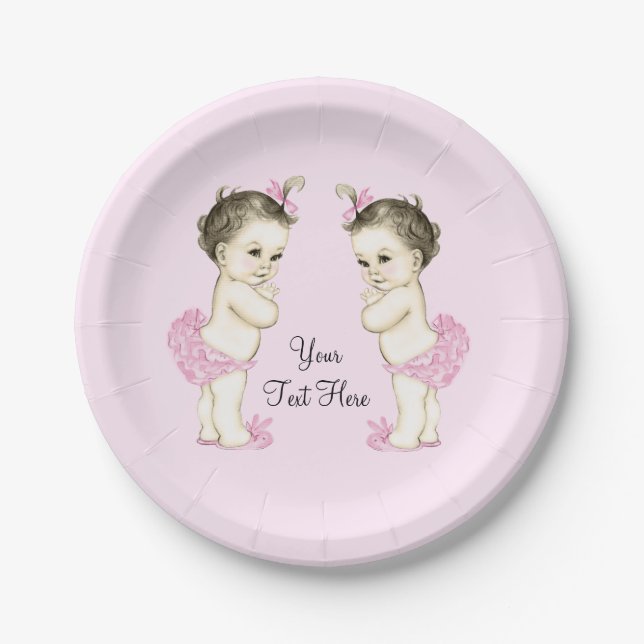 Pink Twin Baby Girl Paper Plate (Front)