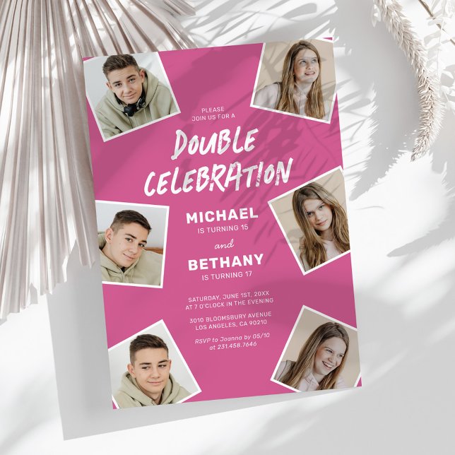Pink Twin Birthday Photo Collage Invite (Creator Uploaded)