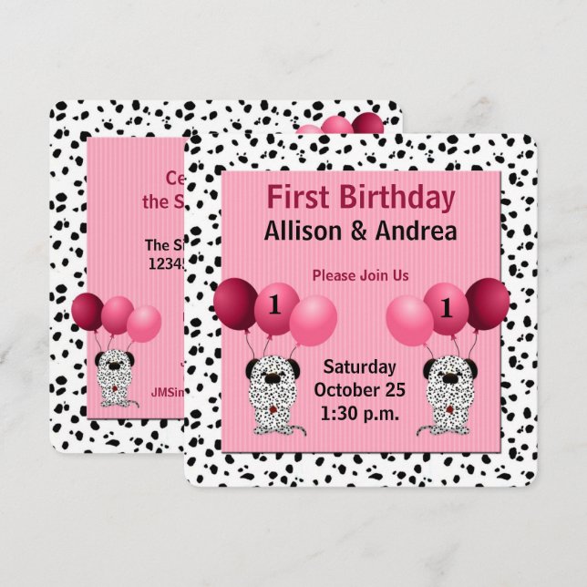 Pink Twin Girls 1st Birthday Party Dalmatian Invitation (Front/Back)