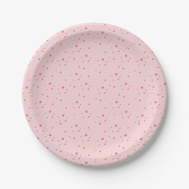 Pink twinkling stars kids birthday paper plate (Front)