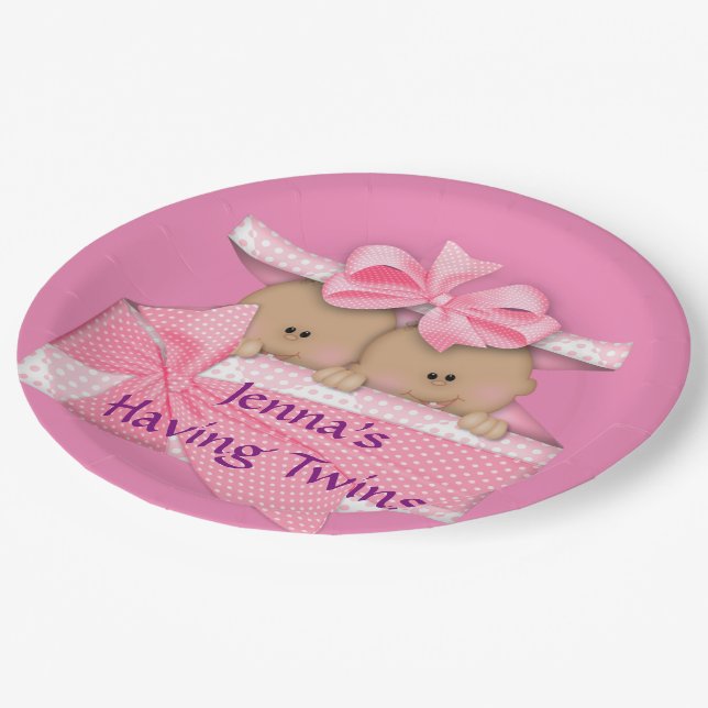 Pink Twins African American Baby Shower Party Paper Plate (Angled)