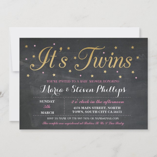 Pink Twins Girl Chalk Gold Baby Shower Invite (Front)