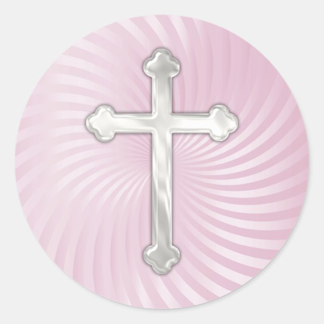 Pink Twirl Silver Pearl Cross Classic Round Sticker (Front)
