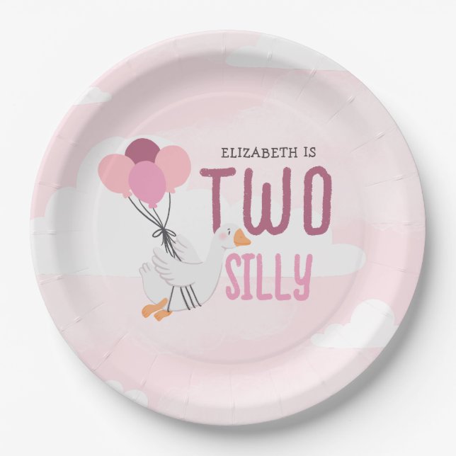 Pink Two Silly Goose 2nd Birthday Party Paper Plate (Front)