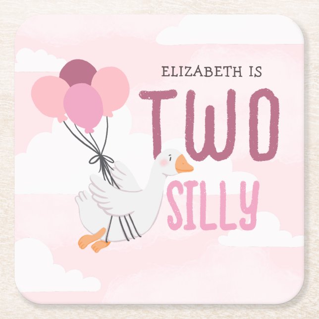 Pink Two Silly Goose 2nd Birthday Party Square Paper Coaster (Front)