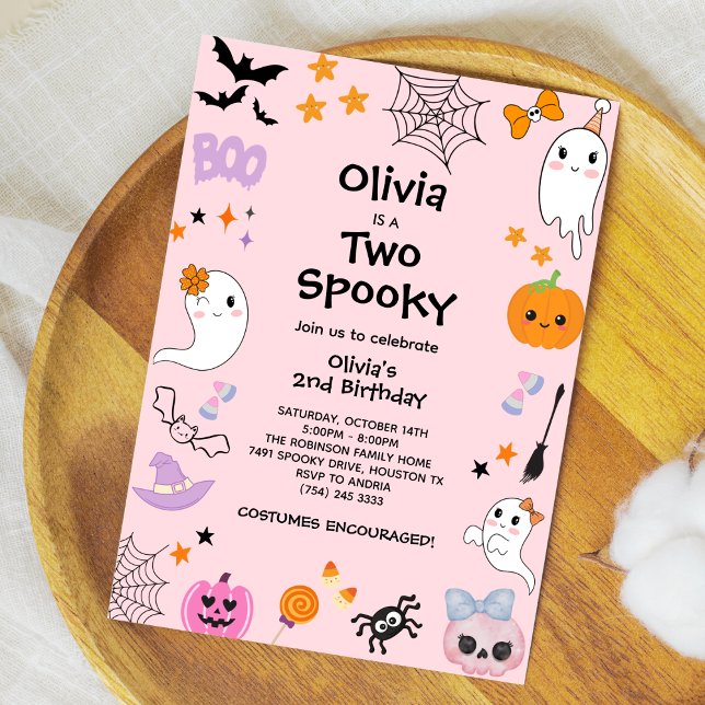 Pink Two Spooky Cute Ghost Halloween 2nd Birthday  Invitation (Pink Two Spooky Cute Ghost Halloween 2nd Birthday Invitation )