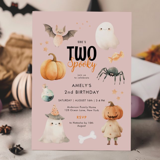 Pink Two Spooky Girl Halloween Birthday Invitation (Creator Uploaded)