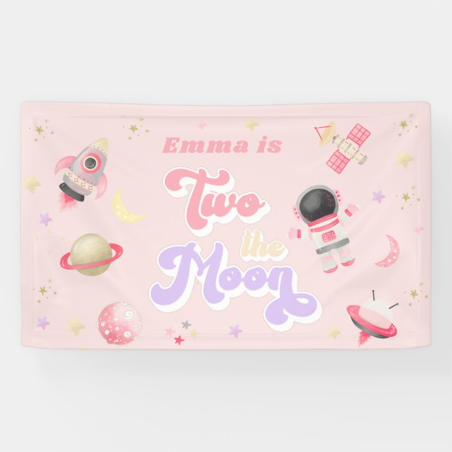 Pink Two the Moon Space Birthday  Banner (Horizontal)