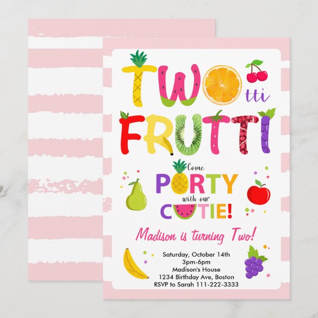 Pink Twotti Frutti Girls 2nd Birthday Invitation (Front/Back)