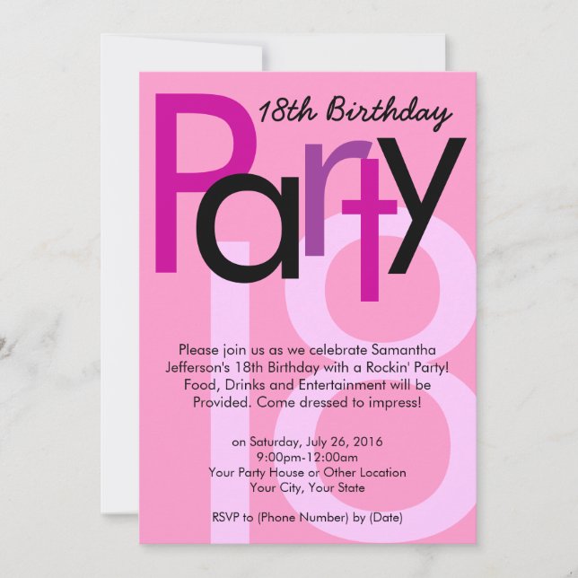 Pink Type 18th Birthday Party Invitation (Front)